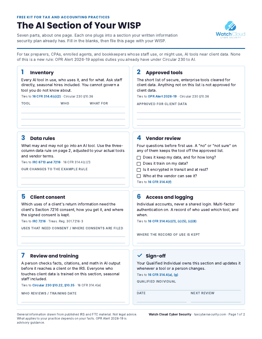 Page one of the kit: the seven-part AI section of a WISP as a fill-in form