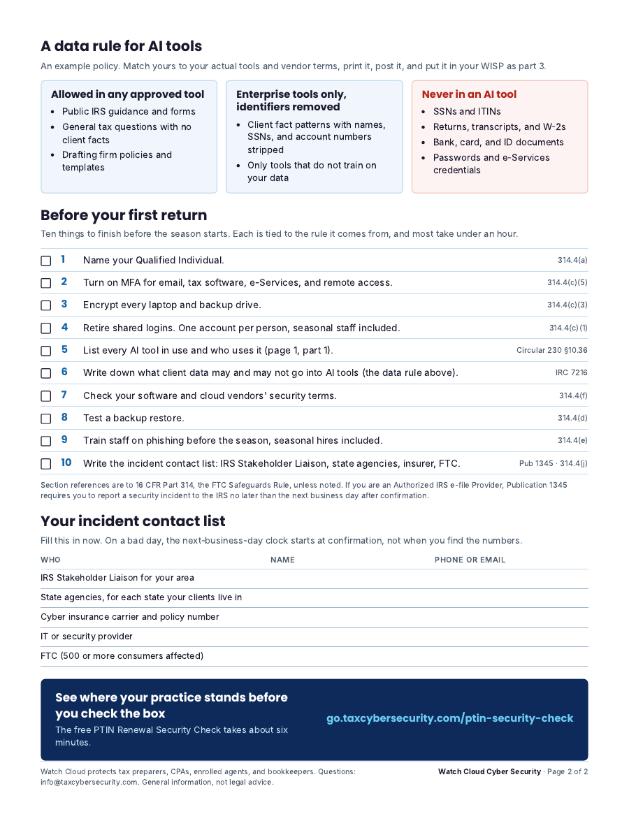Page two of the kit: the AI data rule, the Before your first return checklist, and an incident contact list